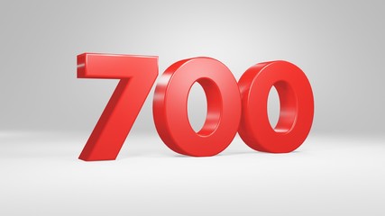 Number 700 in red on white background, isolated glossy number 3d render