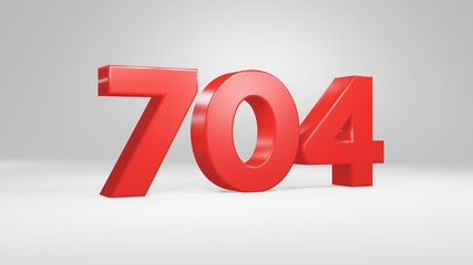 Number 704 in red on white background, isolated glossy number 3d render