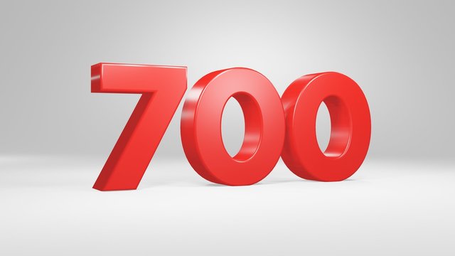 Number 700 in red on white background, isolated glossy number 3d render