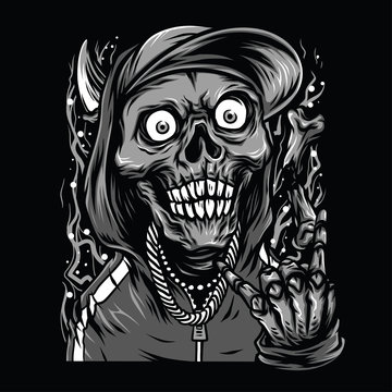 Skull Rapper Black and White Illustration