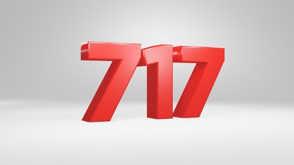 Number 717 in red on white background, isolated glossy number 3d render