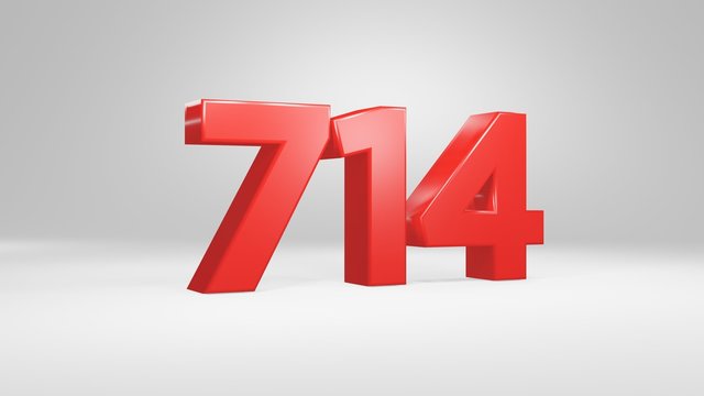 Number 714 in red on white background, isolated glossy number 3d render