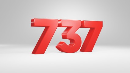 Number 737 in red on white background, isolated glossy number 3d render