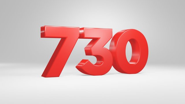 Number 730 in red on white background, isolated glossy number 3d render