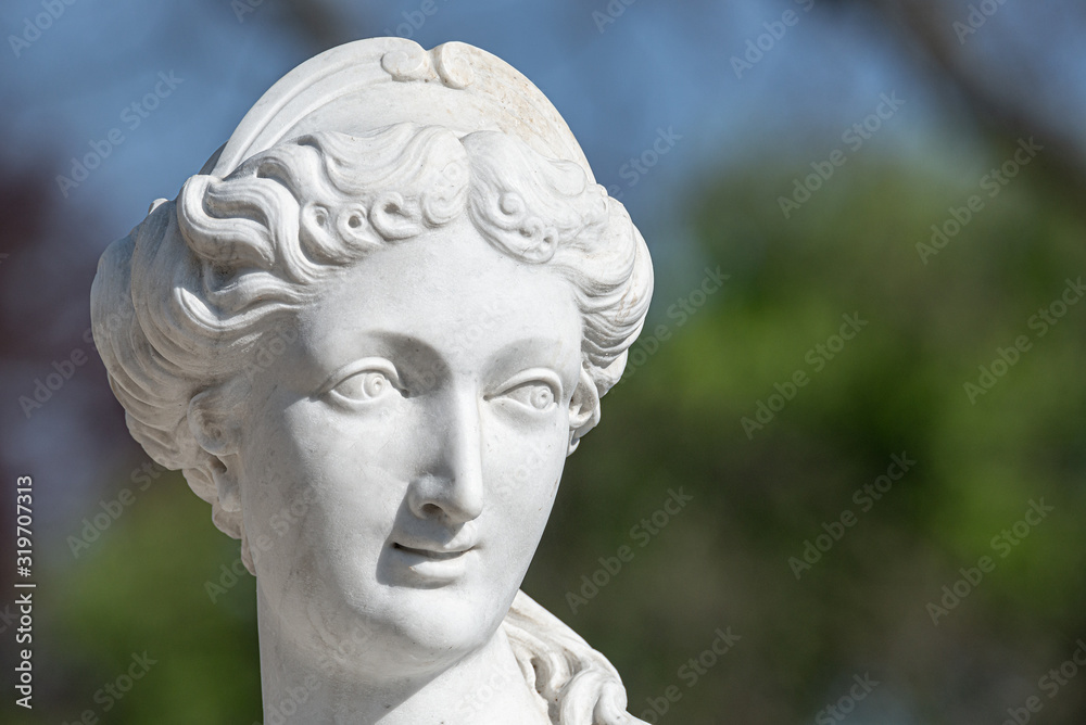 Poster Old statue of a sensual naked Renaissance Era woman in the park of Potsdam, Germany, details, closeup