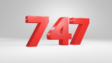 Number 747 in red on white background, isolated glossy number 3d render