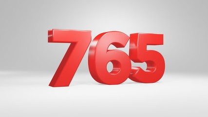 Number 765 in red on white background, isolated glossy number 3d render