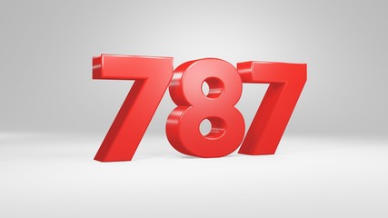 Number 787 in red on white background, isolated glossy number 3d render