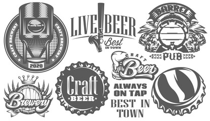Set of vector monochrome patterns on the theme of beer and brewing