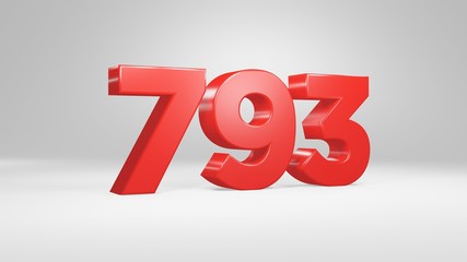 Number 793 in red on white background, isolated glossy number 3d render
