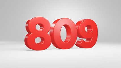 Number 809 in red on white background, isolated glossy number 3d render