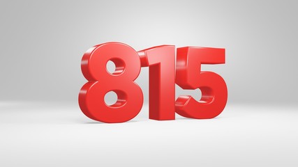Number 815 in red on white background, isolated glossy number 3d render