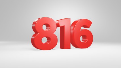 Number 816 in red on white background, isolated glossy number 3d render