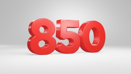 Number 850 in red on white background, isolated glossy number 3d render
