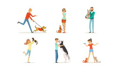 People with Their Pets, Men and Women Characters Training and Playing their Dogs and Cats Pet Animals Vector Illustration