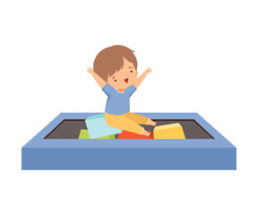 Cute Little Boy Playing in a Pool with Soft Colorful Cubes, Active Children Leisure Vector Illustration