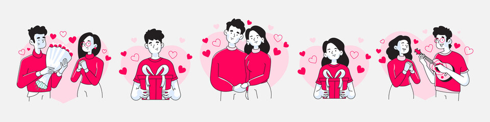 Set of valentine's day couple vector illustrations, husband and wife celebrating valentine's day together, man or boyfriend and woman or girlfriend holding present box, heart shapes on background