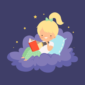 Cute Blonde Little Girl Sitting on a Cloud at Night Sky and Reading a Book Vector Illustration