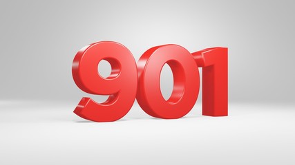 Number 901 in red on white background, isolated glossy number 3d render