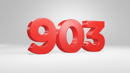 Number 903 in red on white background, isolated glossy number 3d render