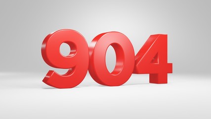 Number 904 in red on white background, isolated glossy number 3d render