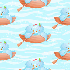 Obraz premium Romantic blue birds couple in a love boat seamless pattern. Vector Illustration.