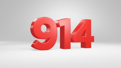Number 914 in red on white background, isolated glossy number 3d render
