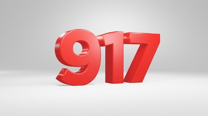Number 917 in red on white background, isolated glossy number 3d render