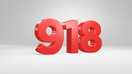 Number 918 in red on white background, isolated glossy number 3d render
