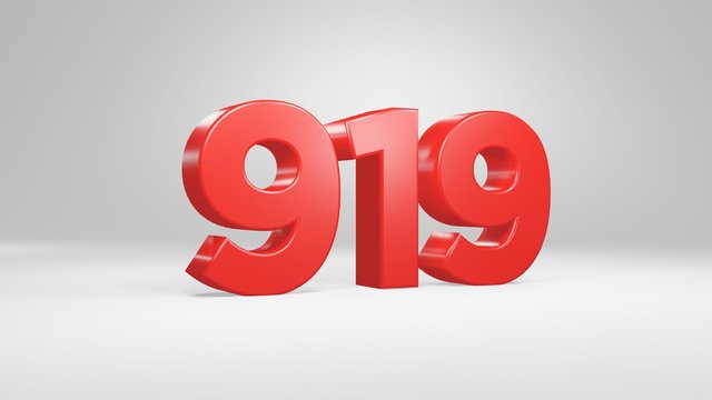 Number 919 in red on white background, isolated glossy number 3d render