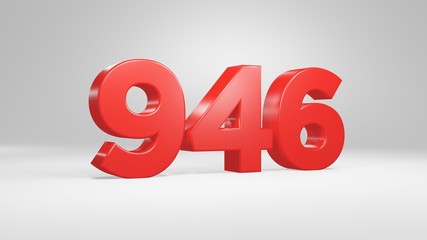 Number 946 in red on white background, isolated glossy number 3d render