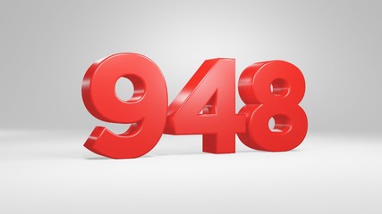 Number 948 in red on white background, isolated glossy number 3d render