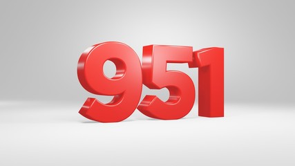 Number 951 in red on white background, isolated glossy number 3d render