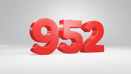 Number 952 in red on white background, isolated glossy number 3d render