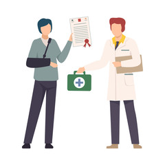 Young Man with Broken Arm Holding Health Benefits Document Vector Illustration