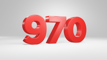 Number 970 in red on white background, isolated glossy number 3d render