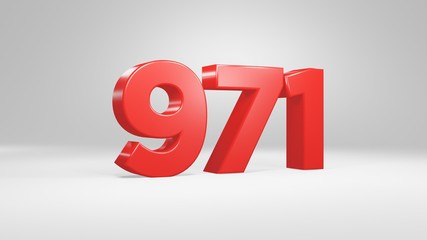 Number 971 in red on white background, isolated glossy number 3d render