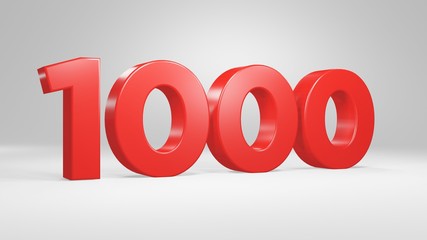 Number 1000 in red on white background, isolated glossy number 3d render