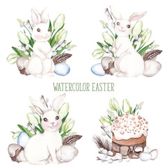 Watercolor easter illustration with hand draw bunny, cake, eggs, spring flowers and leaves, branches of willow and feathers