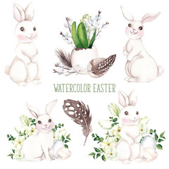 Watercolor easter illustration with hand draw bunny, cake, eggs, spring flowers and leaves, branches of willow and feathers