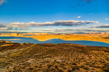 Wahweap marina located at the southern end of Lake Powell in Arizona, seen from the Wahweap Overlook in Page, Arizona USA