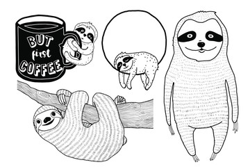 Sloth set. Cute smiling sloth hanging on tree branch. Hand drawn lovely sloth for coloring page. Vector illustration. May be used for print on t-shirt, wallpaper or poster.