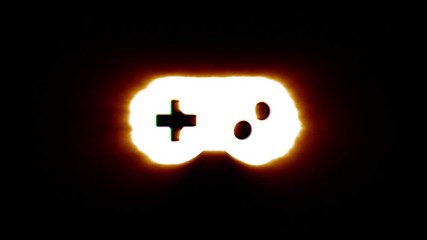 Shiny fire gamepad icon fly in center flickers with rgb spectrum colors and flies away with light trail. Super bright white symbol in motion isolated on black background. 4k 60 fps footage. - Powered by Adobe