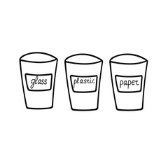 waste sorting, trash bins hand drawn in doodle style. containers for glass, plastic, paper