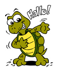 Turtle greets us and says hello, color cartoon joke