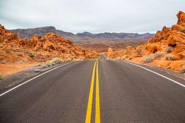 Fototapeta na wymiar Desert road with red rocky landscape in Valley of Fire State Park, USA