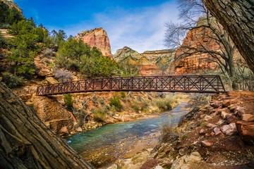 Wooden bridge and scenery in Zion National Park during winter