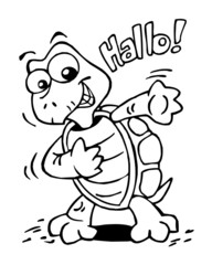 Turtle greets us and says hello, black and white cartoon joke
