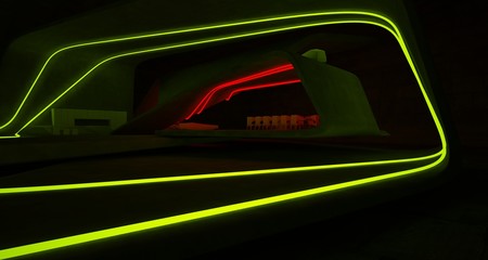 Abstract architectural concrete interior of a minimalist house with colored neon lighting. 3D illustration and rendering.