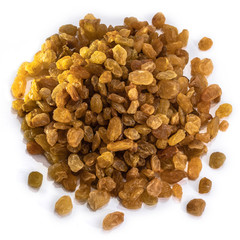 Raisins peeled on a white isolated background. Food grape yellow delicious for your design for the site. kitchen theme